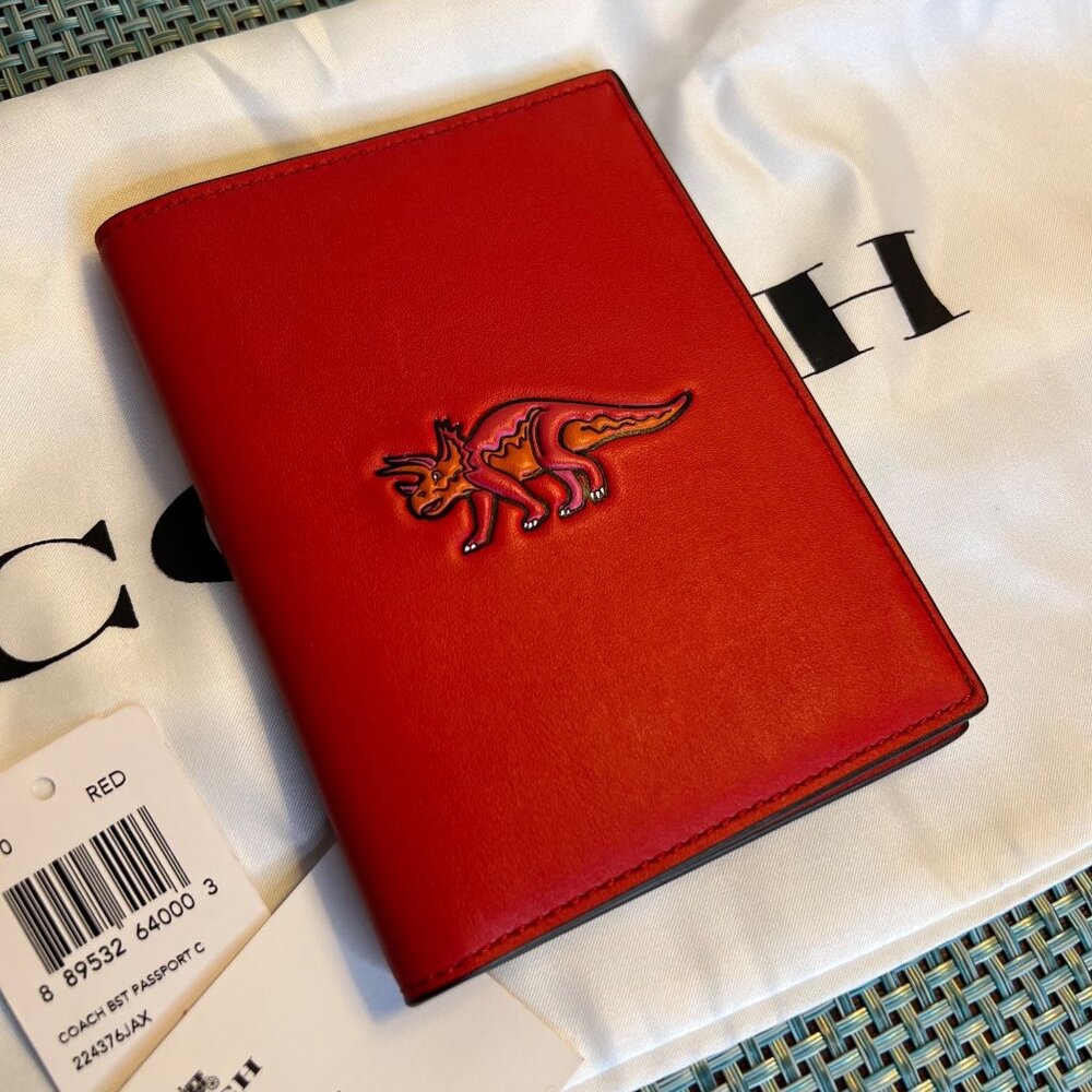 Coach Red Leather Passport Case with Triceratops - Picture 2 of 11
